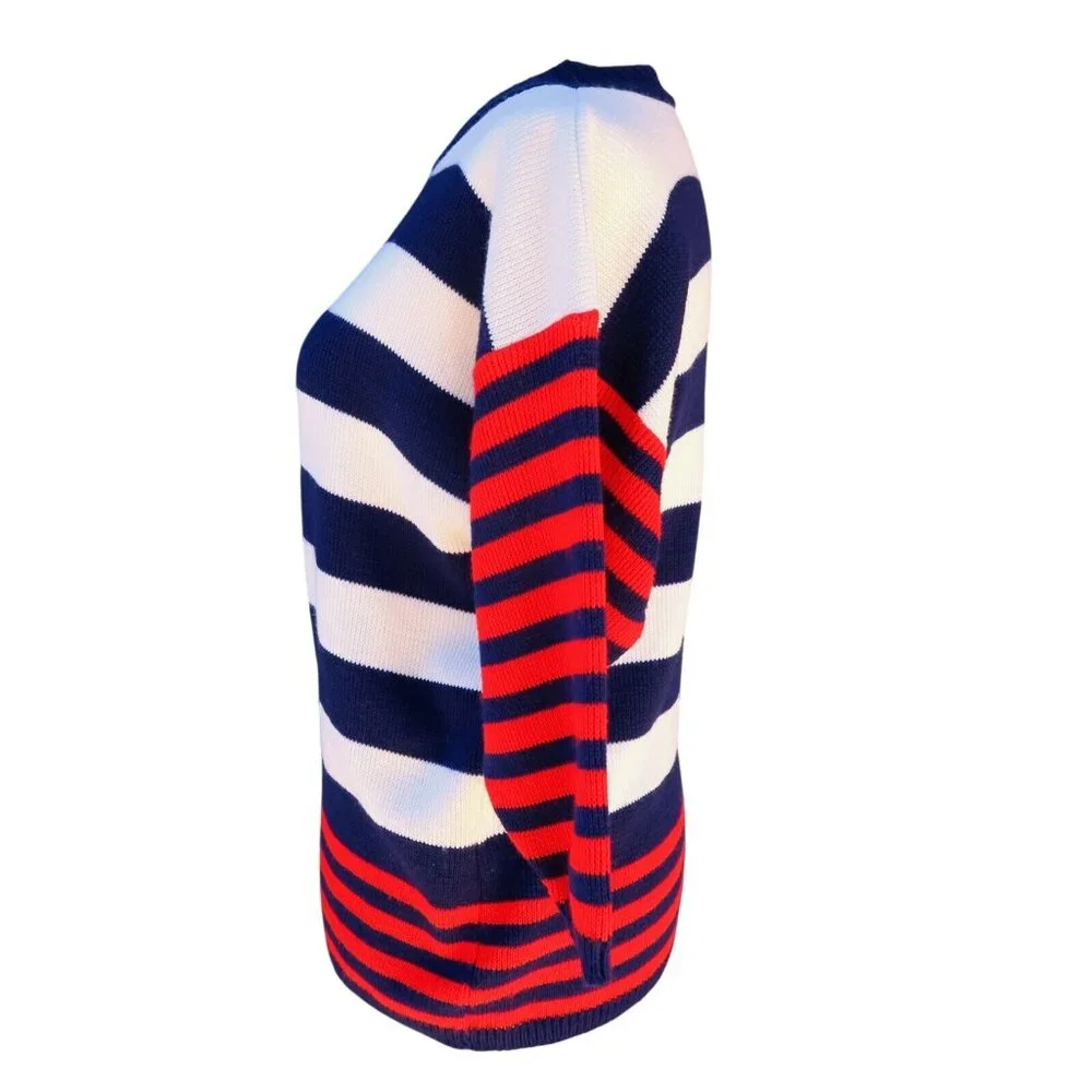Marlene Vintage Nautical Stripe Sweater Navy Cream Boat Neck Knit 1980s Sz Small - Picture 2 of 4
